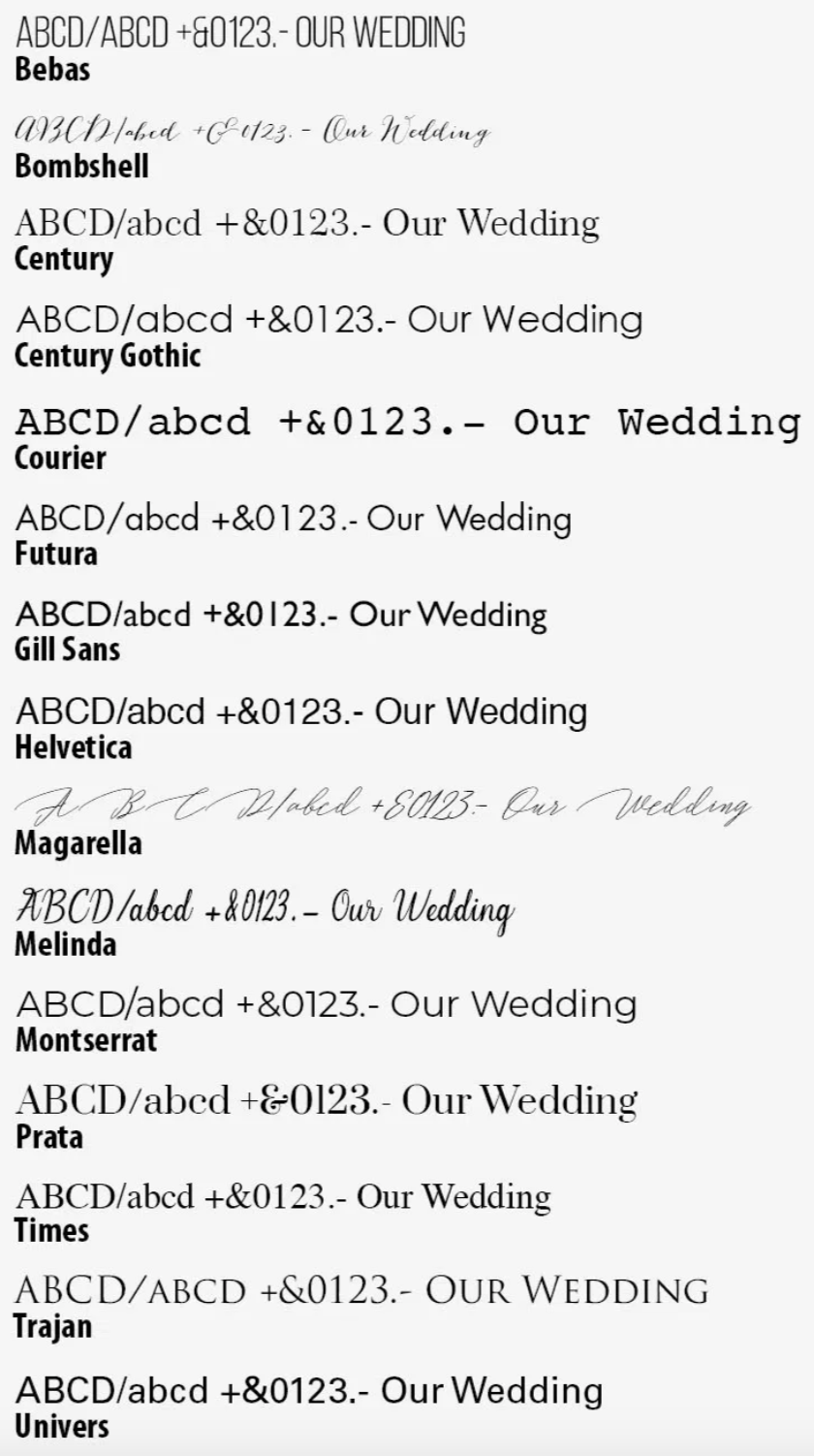 A collection of wedding-themed font samples showing text 'Our Wedding' in various typefaces and styles.