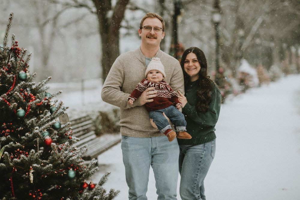 Saltsburg PA Photographer Christmas Trees along the canal, Indiana County Small town family portraits Christmas photo session winter snow