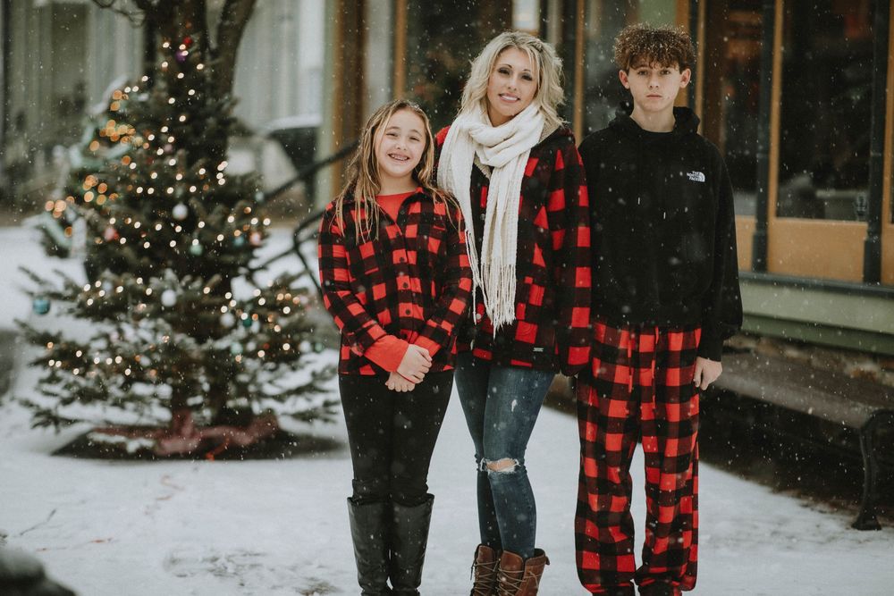 Saltsburg PA Photographer Christmas Trees along the canal, Indiana County Small town family portraits Christmas photo session winter snow