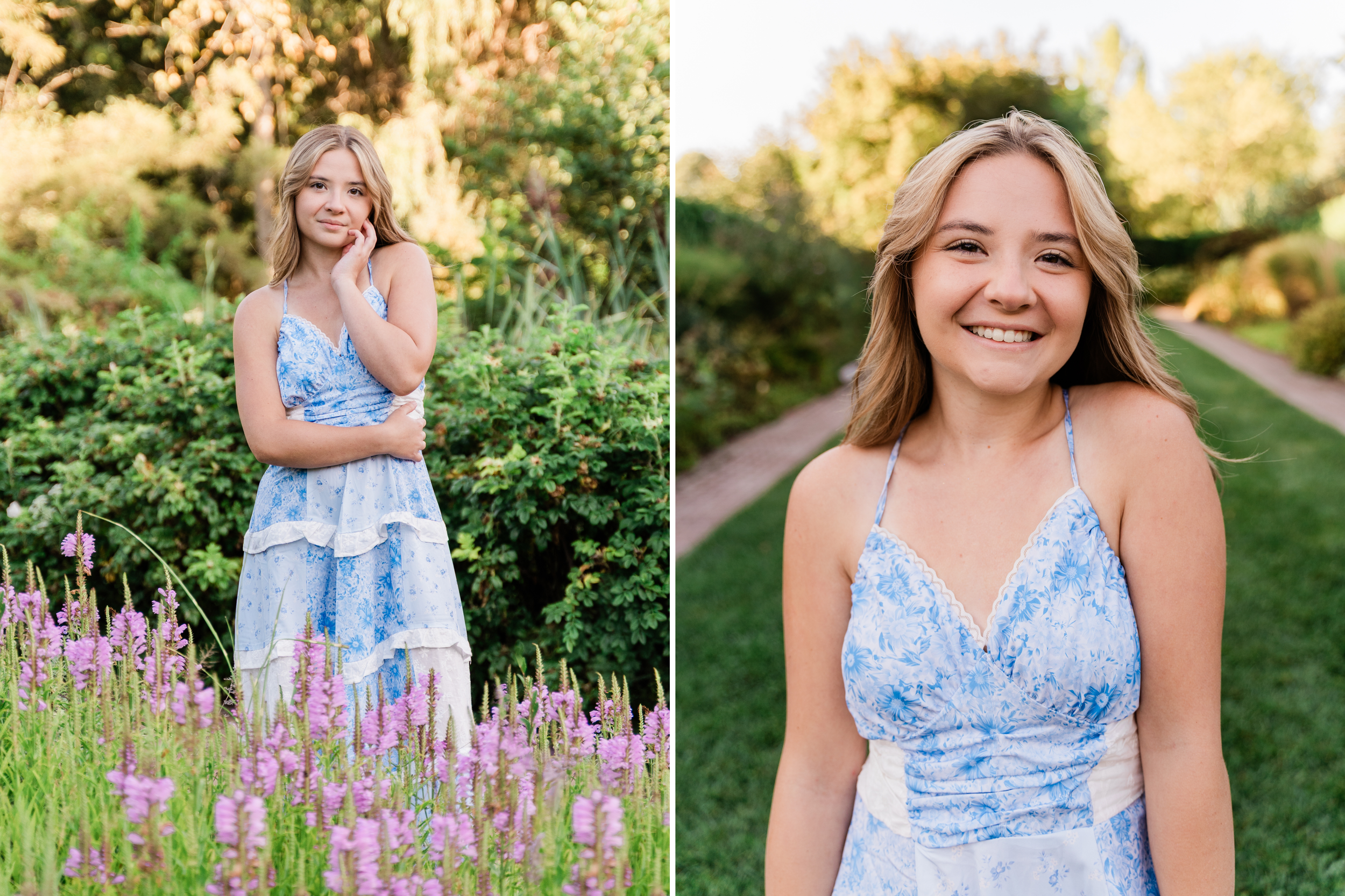 A woman in a blue and white tie-dye dress poses among vibrant purple wildflowers during a summer photoshoot.