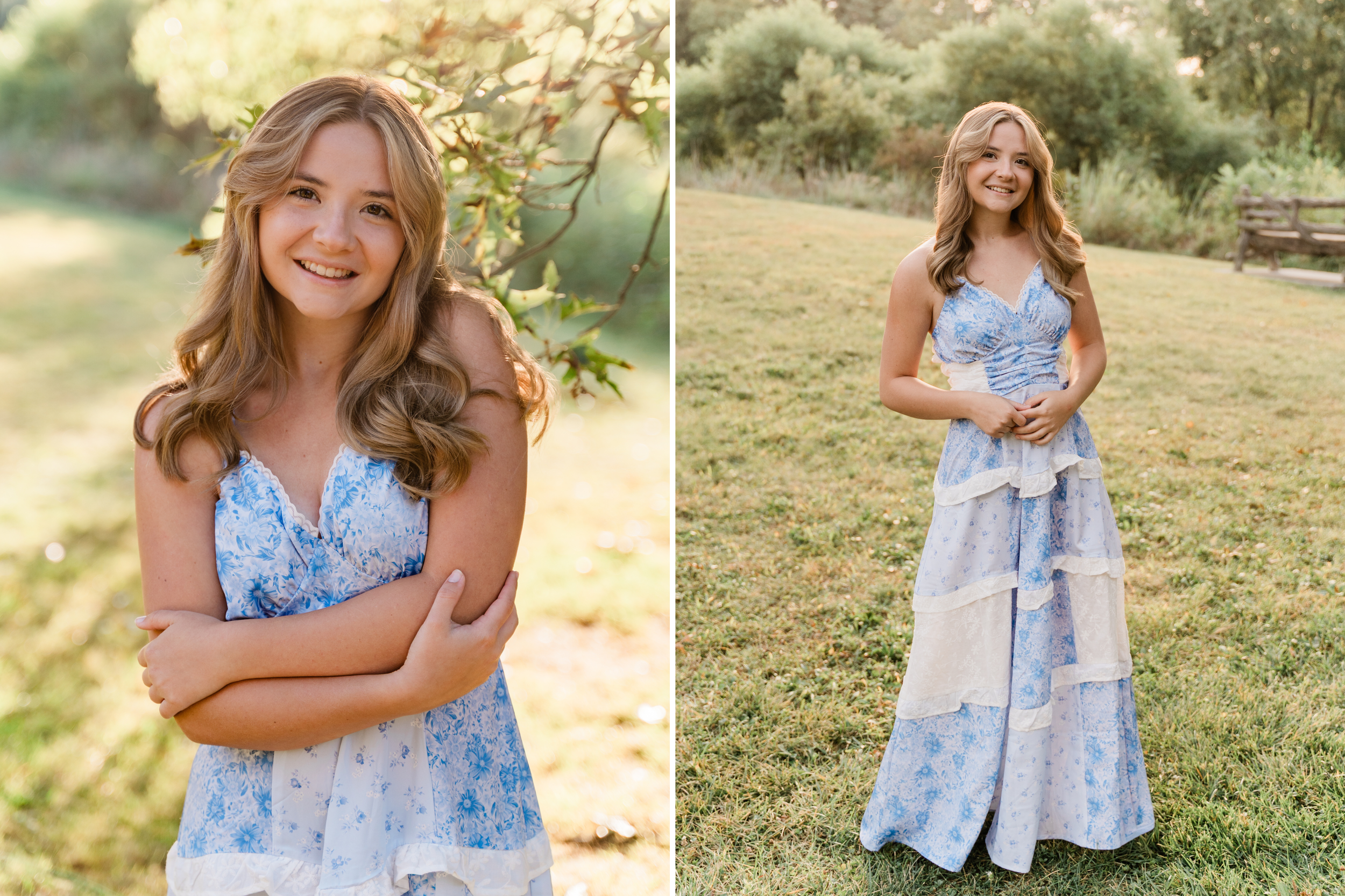 A series of outdoor portrait photos featuring someone wearing a light blue floral dress in a sunlit field.