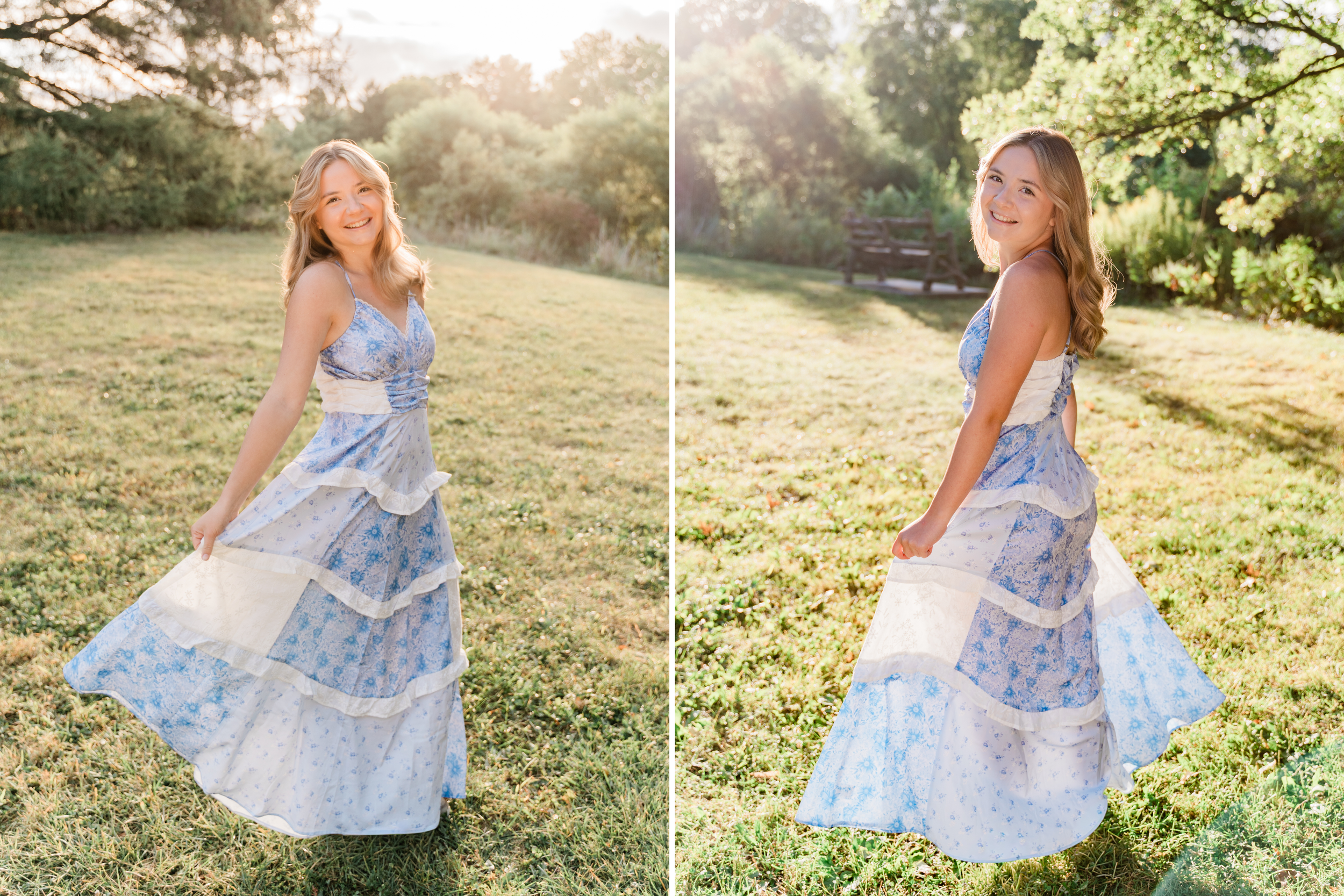 A person in a light blue floral dress twirls playfully in a sunlit meadow during golden hour.