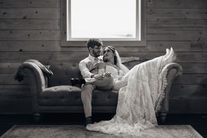 Black and white photo sequence showing playful moments in rustic wooden room.