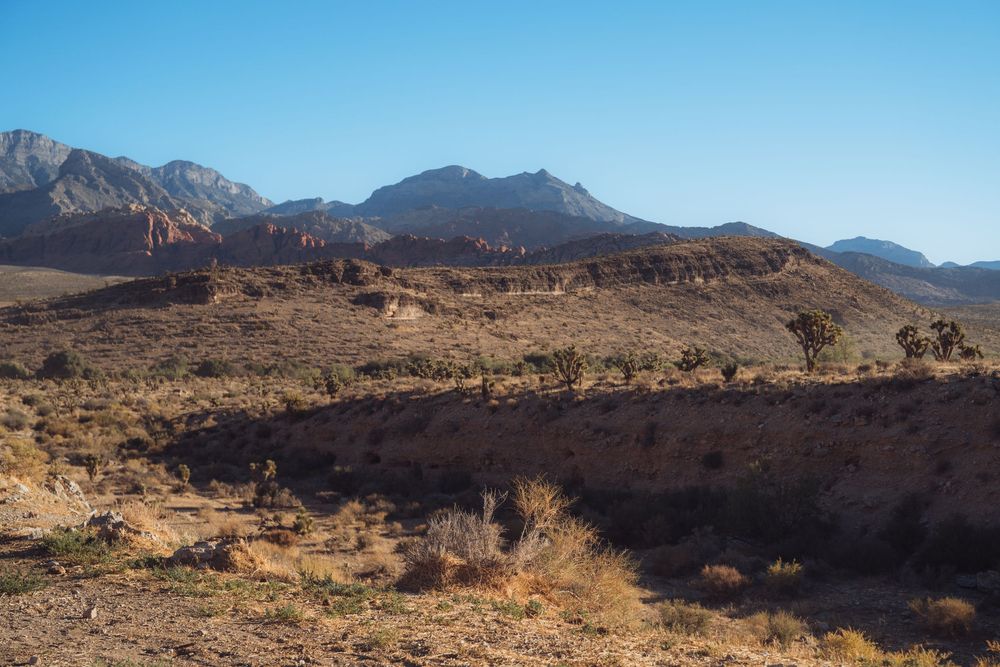 Panoramic view of desert mountains and valleys with layered rock formations stretching to the horizon.