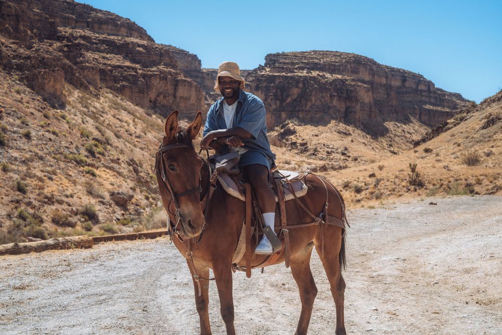Trail riders exploring a scenic desert path with towering canyon walls.