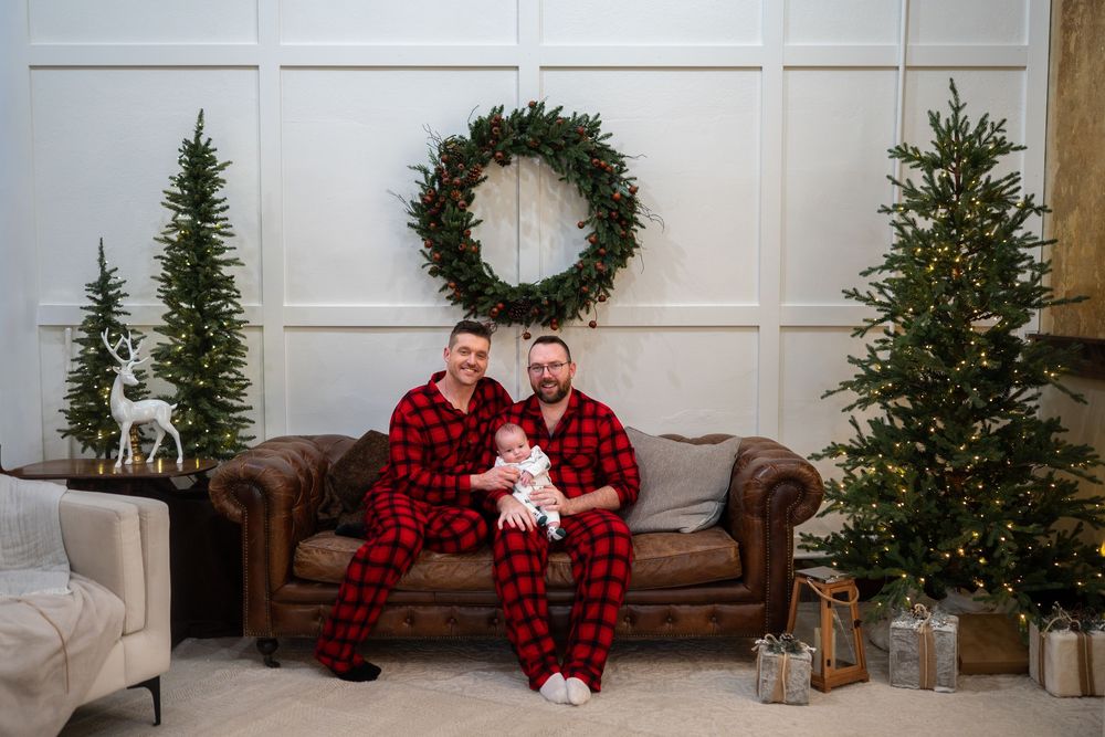 A festive Christmas photo collage featuring decorated trees, cozy couches, plaid outfits, and holiday decor.