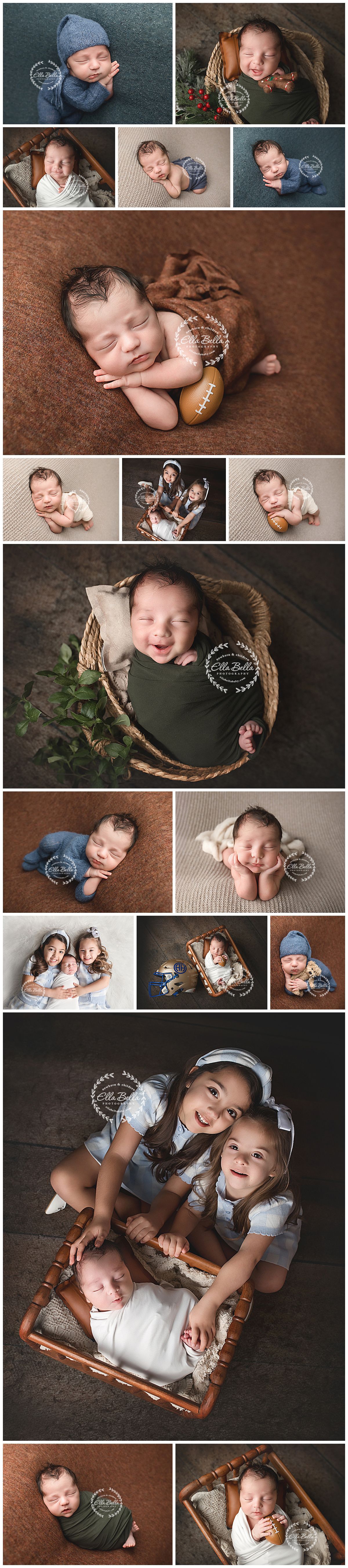 A collection of professional newborn photography portraits featuring sports themes, rustic baskets, and sibling poses.