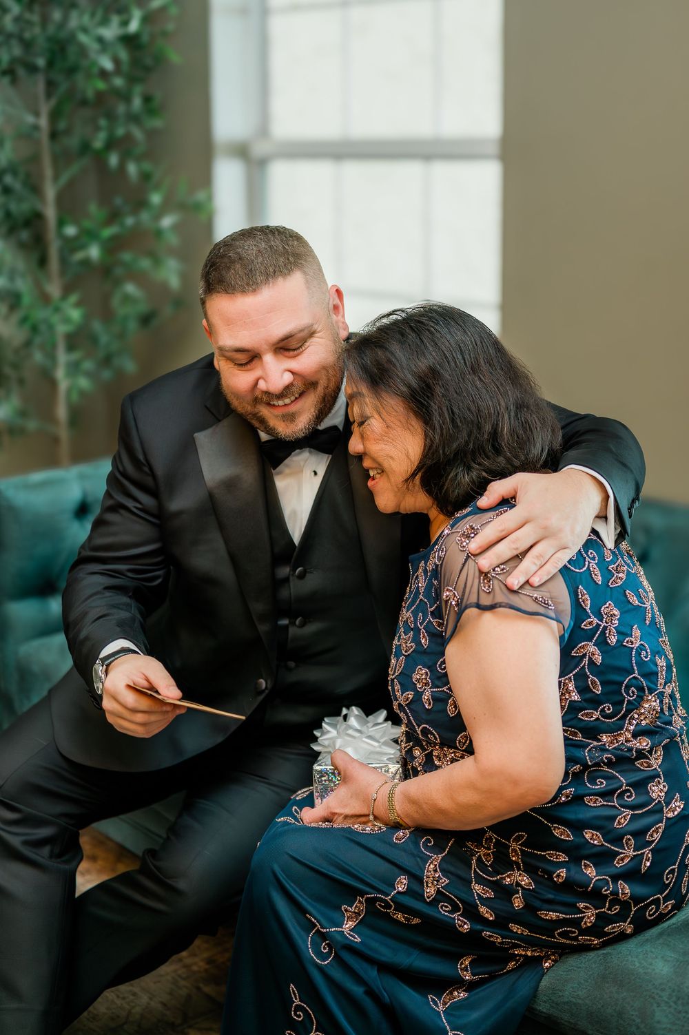 A series of candid emotional moments showing a couple in formal attire sharing laughter while seated indoors.