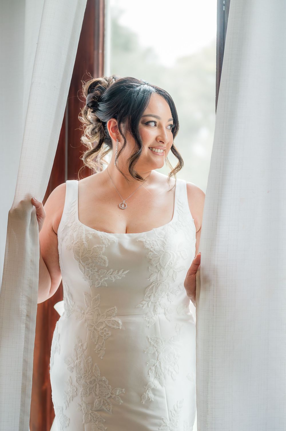 Elegant white wedding dress details captured in sequence against sheer curtains with natural lighting.