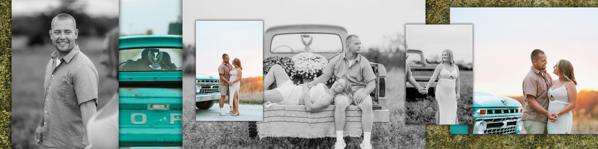 A collage of photos showing various outdoor family moments and wedding celebrations with a teal and white color theme.