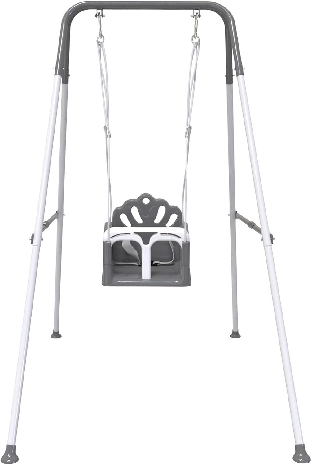 Empty playground swings hanging in a row on a metal frame structure outdoors.