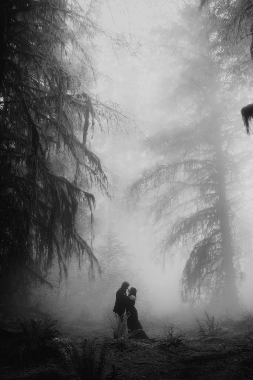 Silhouettes move through a misty forest with ethereal light filtering through the trees.