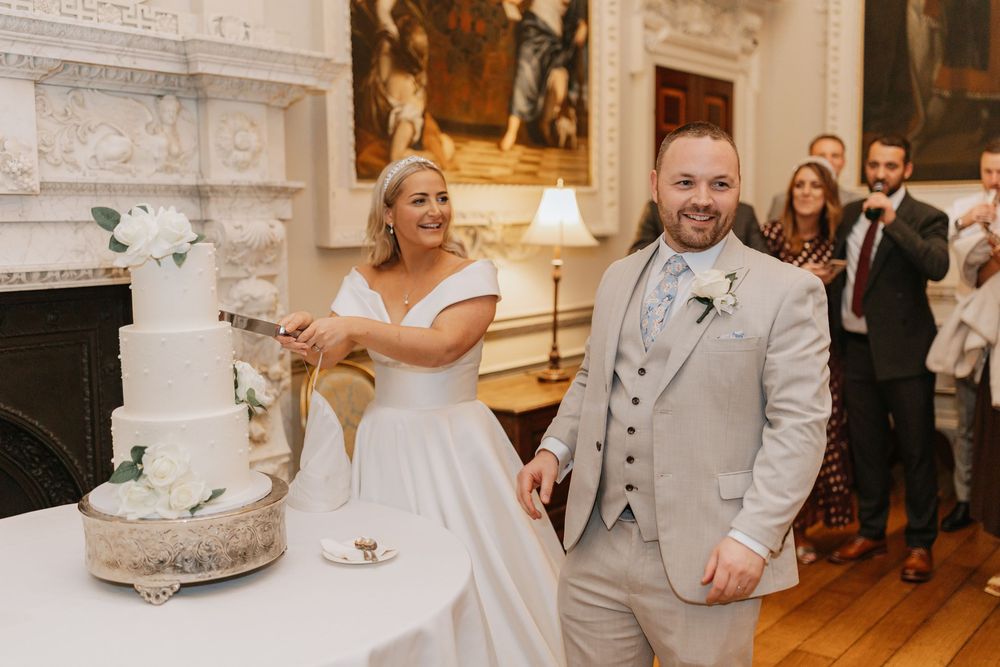Wedding reception collage showing cake cutting, dancing, and celebration moments in an elegant indoor venue.