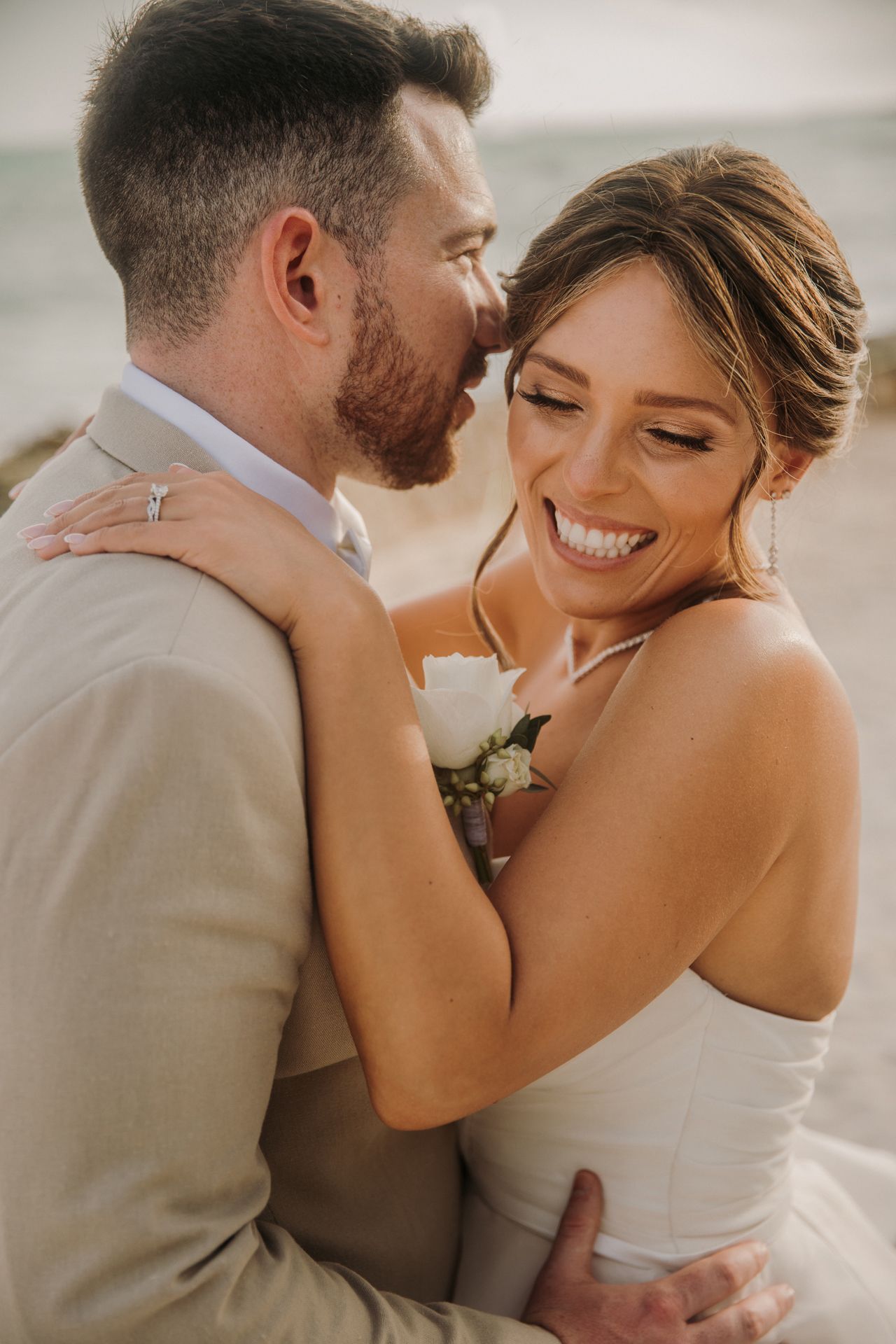 A romantic series of wedding photos showing tender moments between a couple in light-colored attire. El Dorado Royale Wedding Photographer