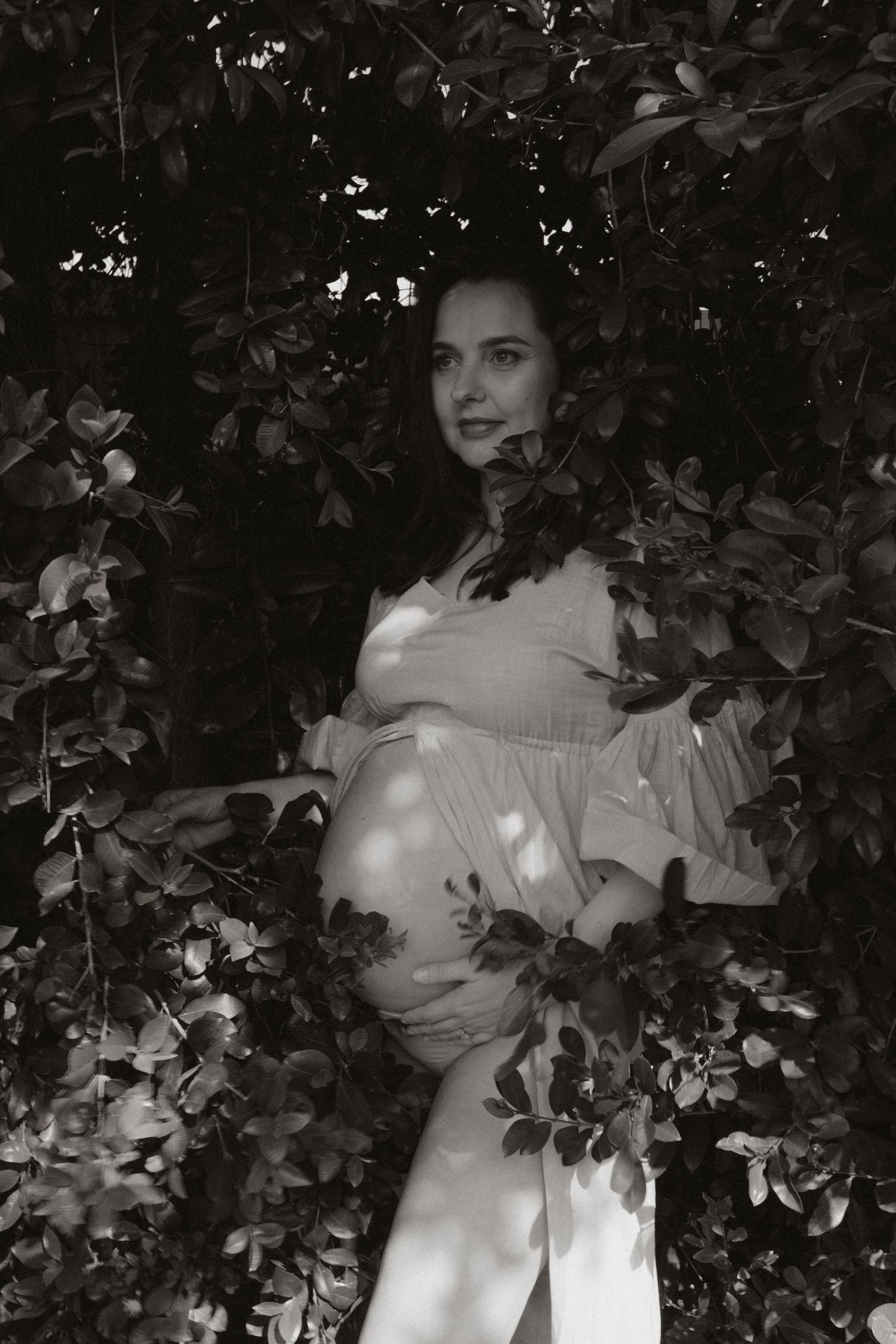 Black and white maternity portrait surrounded by leaves and natural shadows.