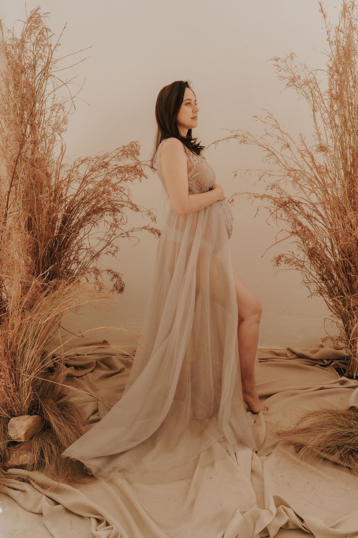 Artistic maternity photo with flowing fabric and dried botanical arrangements.