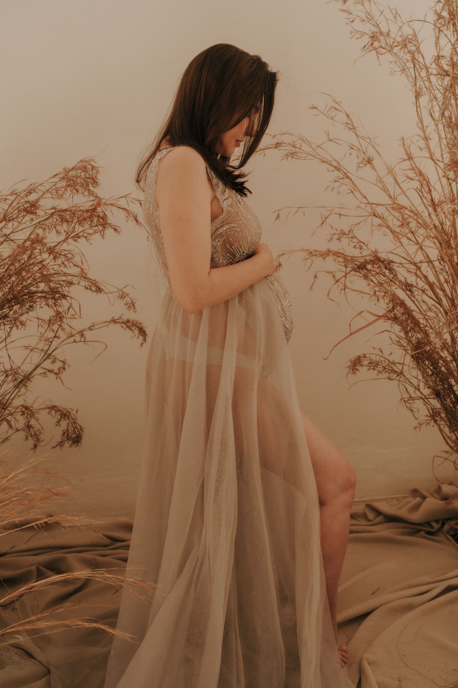 Artistic maternity photoshoot with soft lighting and dried pampas grass decorations.