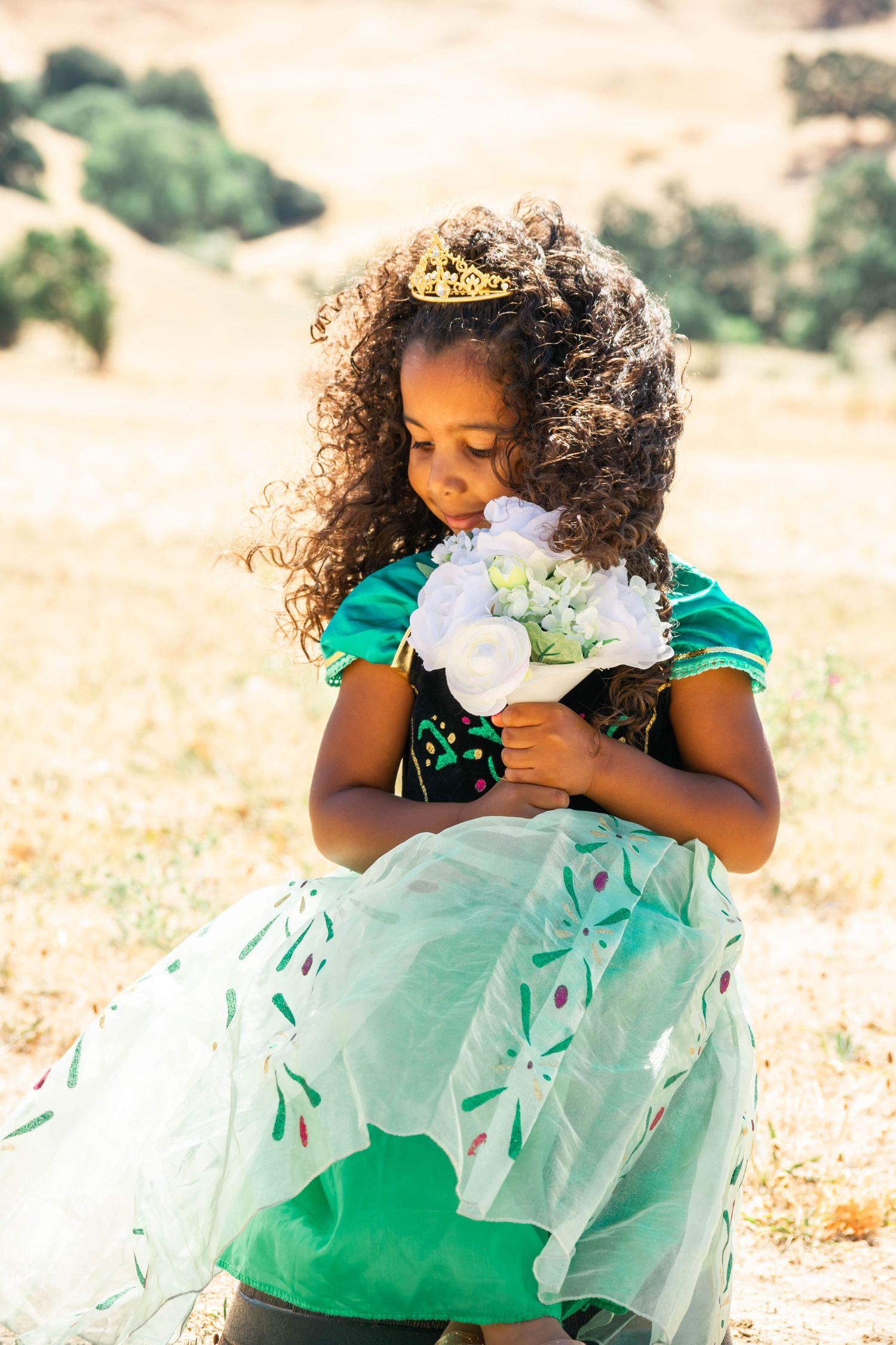 A series of dreamy photos showing a child in a mint green dress with a tiara smelling white flowers in a golden field.