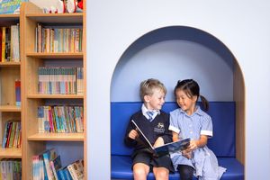 Students in a library read books and study together at wooden tables near bookshelves.