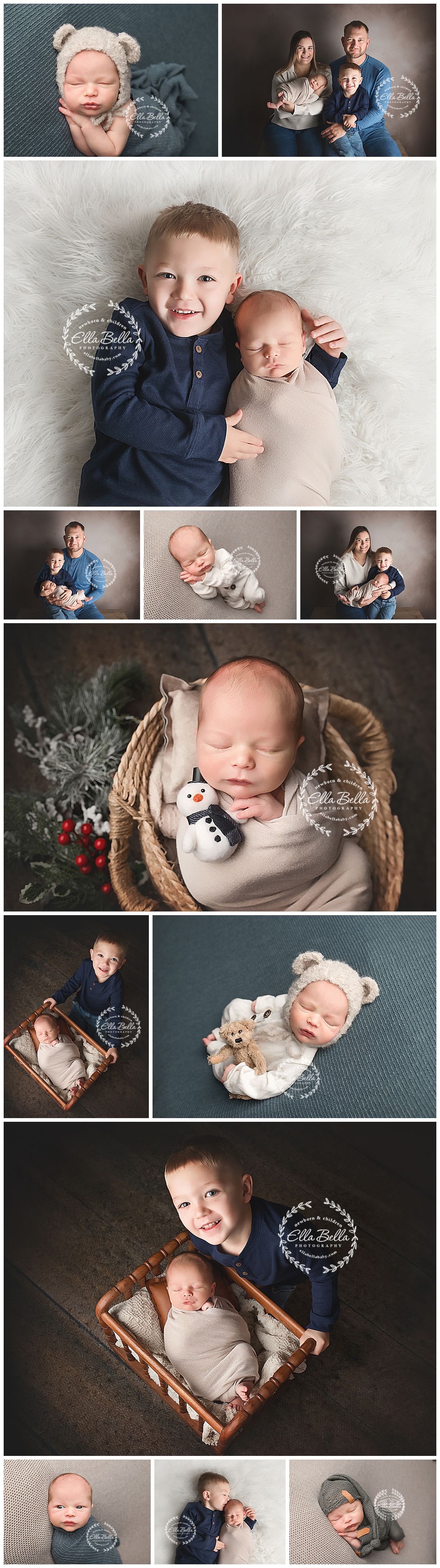 A collection of newborn photography portraits featuring winter-themed props, baskets, and sibling poses on neutral backgrounds.