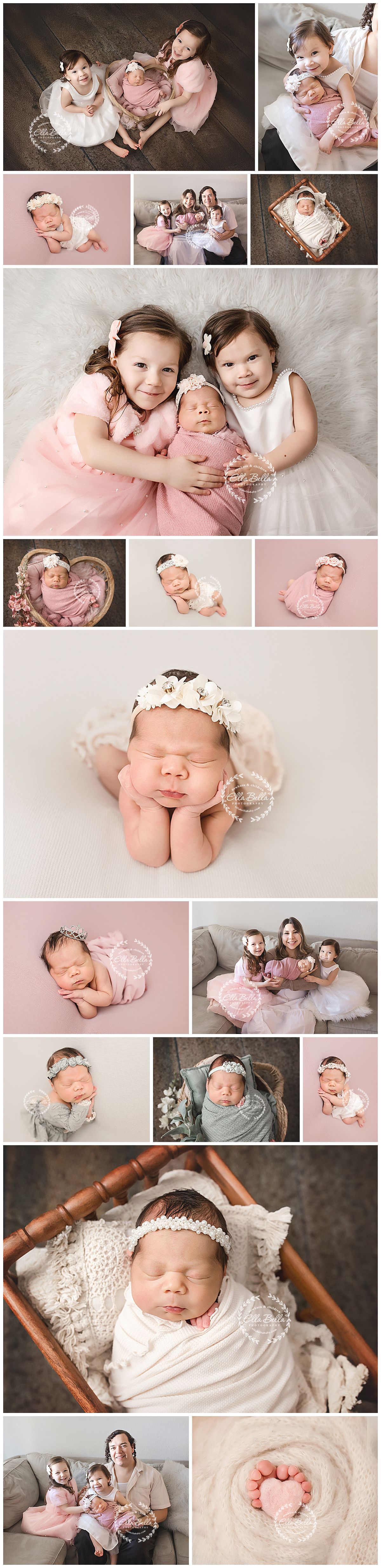 A collection of soft pastel newborn and family portraits featuring pink and white tones with delicate lace details and props.