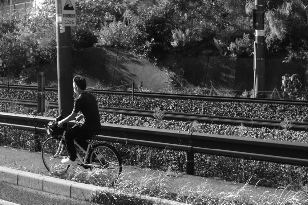 A cyclist rides along an ornate railing on a path in a black and white vintage photograph.