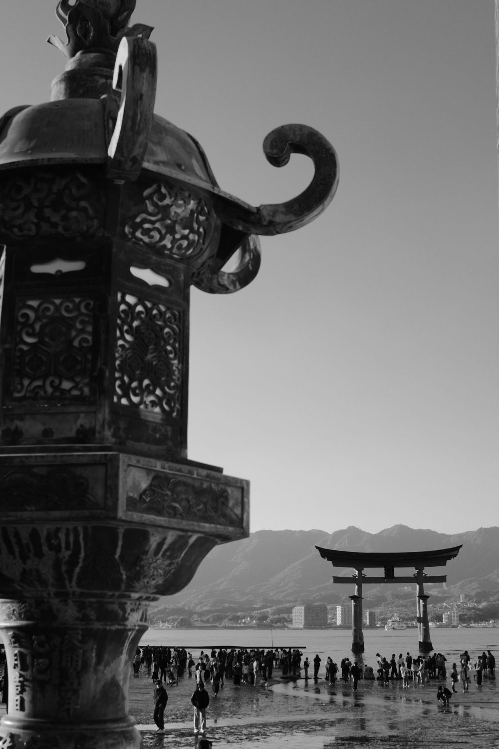 A series of traditional Japanese lanterns line up against a mountain landscape in black and white photography.