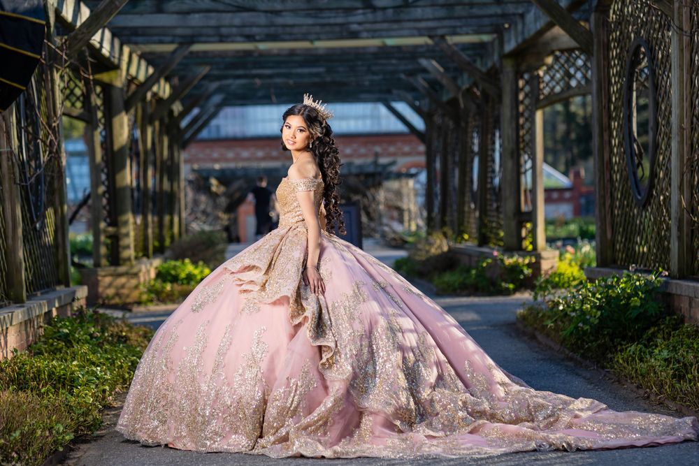 Elegant pink ball gown with long train photographed under wooden pergola.