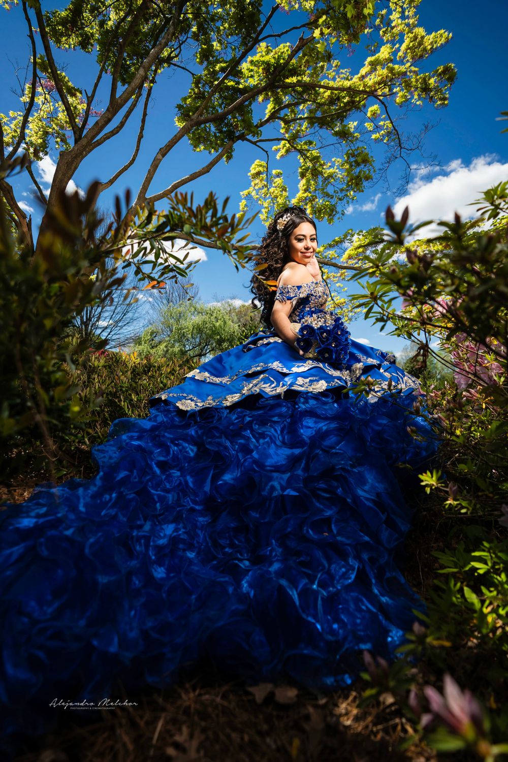 Royal blue ruffled ball gown photographed outdoors with dramatic lighting and foliage.