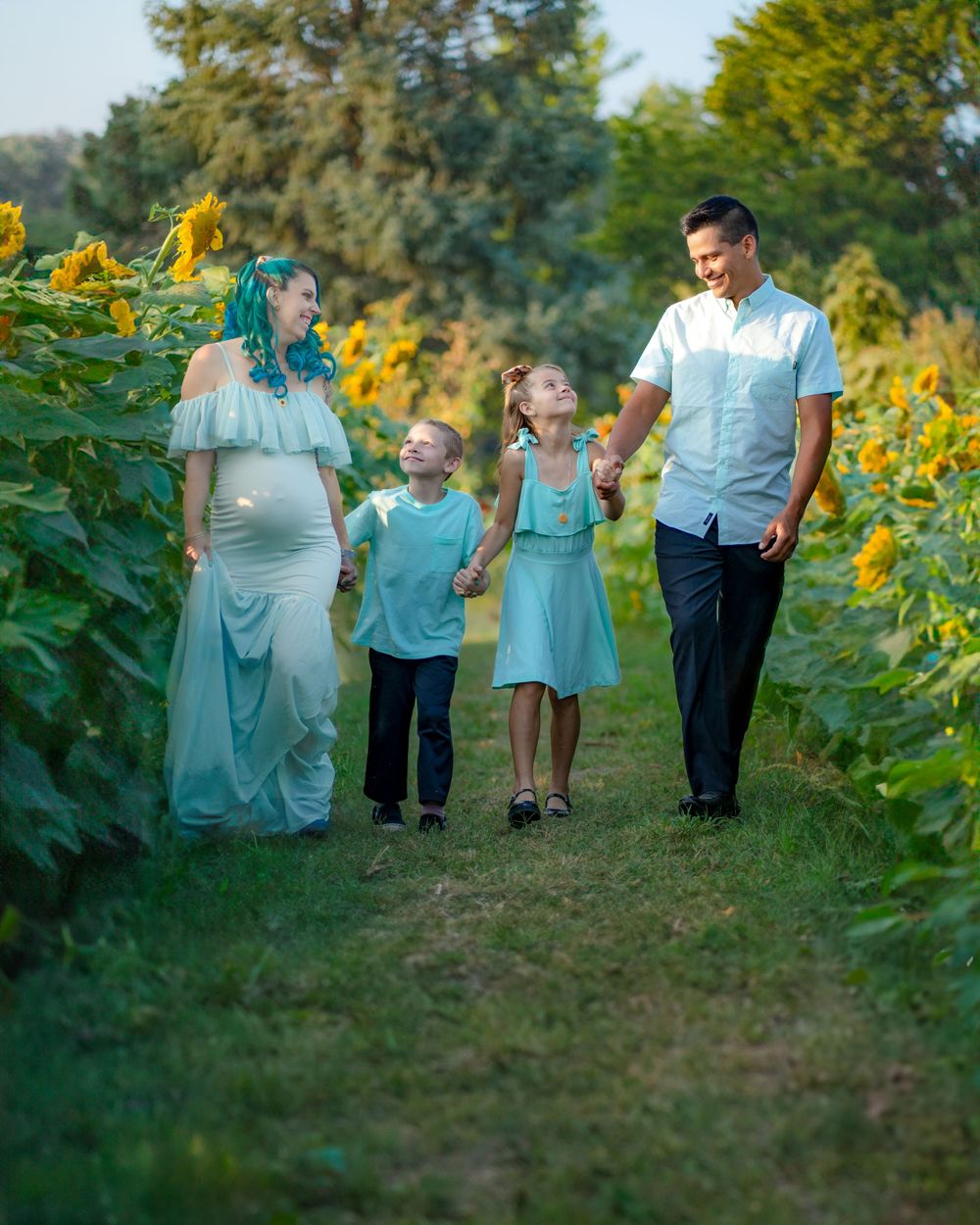 A family walks together on a dirt path between vibrant yellow sunflowers on a summer evening.