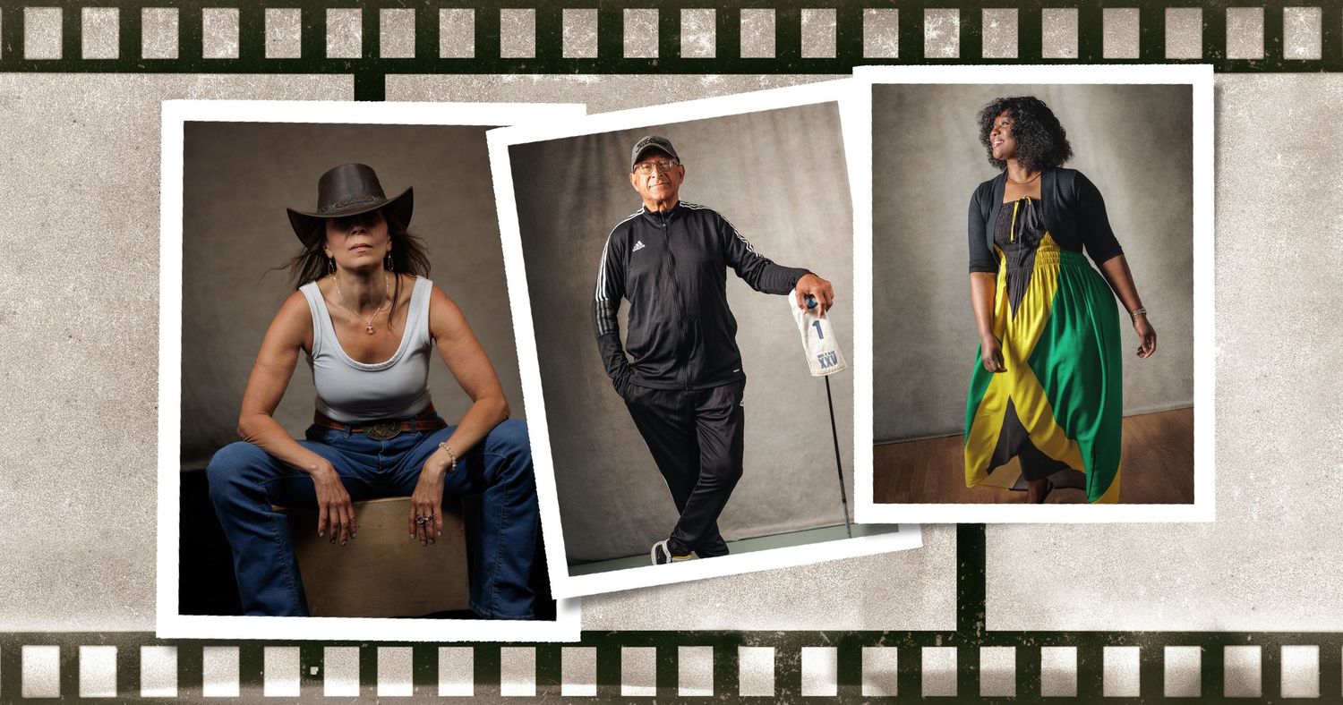 Three people wearing cowboy hats and blue jeans sit casually on boxes in a casual western style portrait setting.