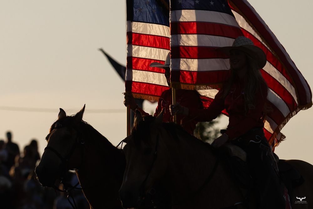 American flags silhouetted against dusky sky during outdoor patriotic ceremony.