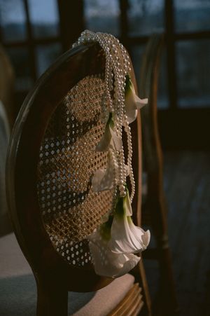 Five dark and moody photographs showing a figure wearing a beaded mesh veil in dramatic side lighting.