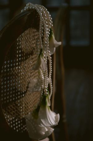A white orchid bloom with delicate strands of crystal beads creating an elegant and ethereal floral arrangement.