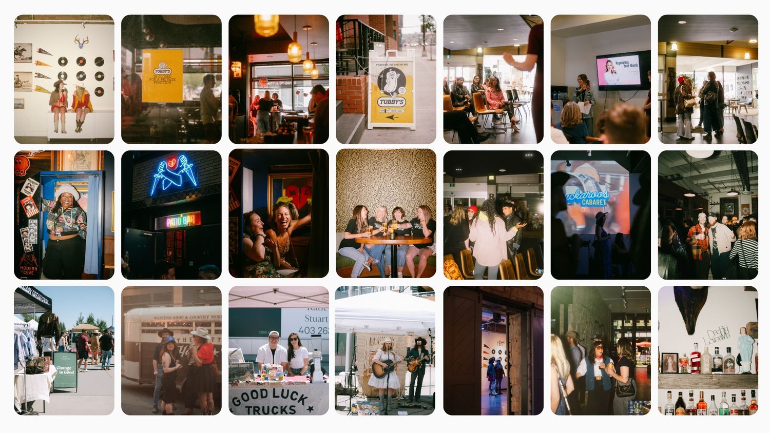 A collection of vintage-style photographs arranged in a horizontal strip of film showing candid moments and scenes.