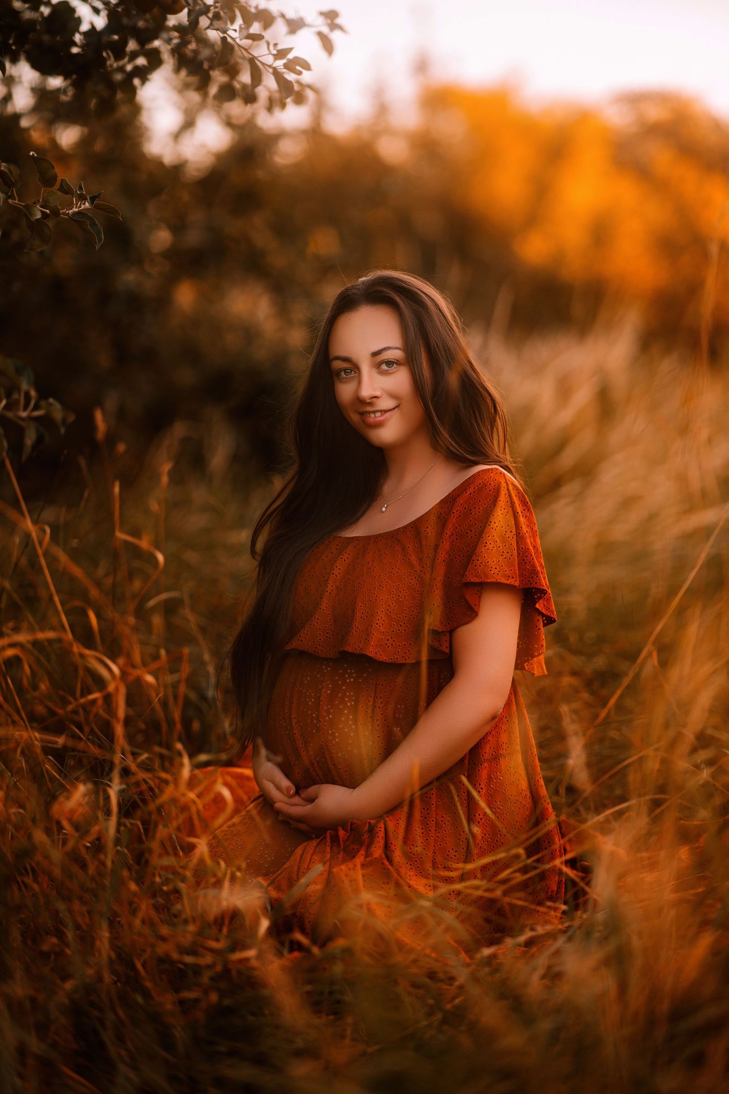 A pregnant woman in a rust-colored dress poses in a golden field at sunset with long dark hair and warm lighting.