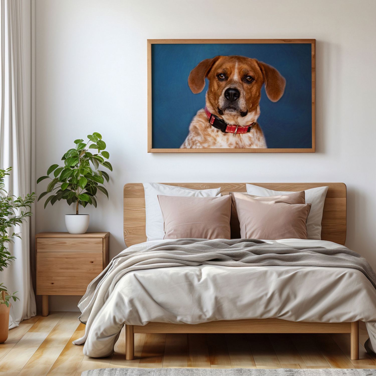 Framed portrait painting of a brown and white dog with red collar displayed above a wooden bed in a modern bedroom.