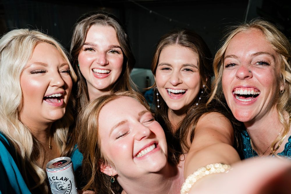 A sequence of joyful moments captured in a repetitive mirror effect showing people laughing and enjoying themselves.