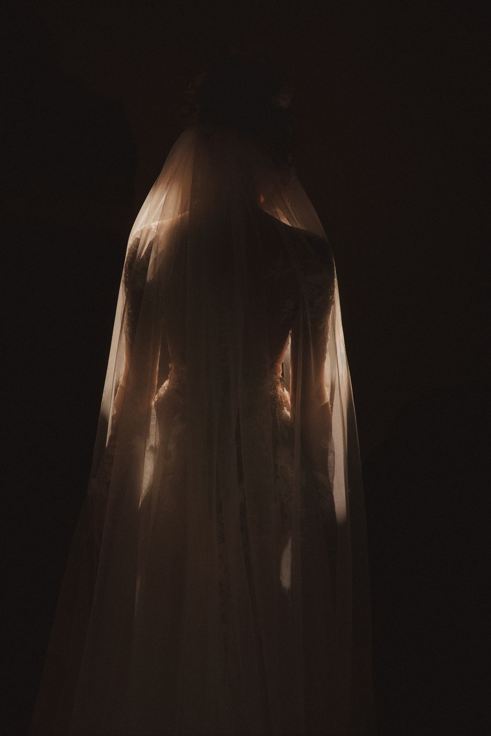 A bride in a white wedding gown and veil stands dramatically against a dark background in moody lighting.
