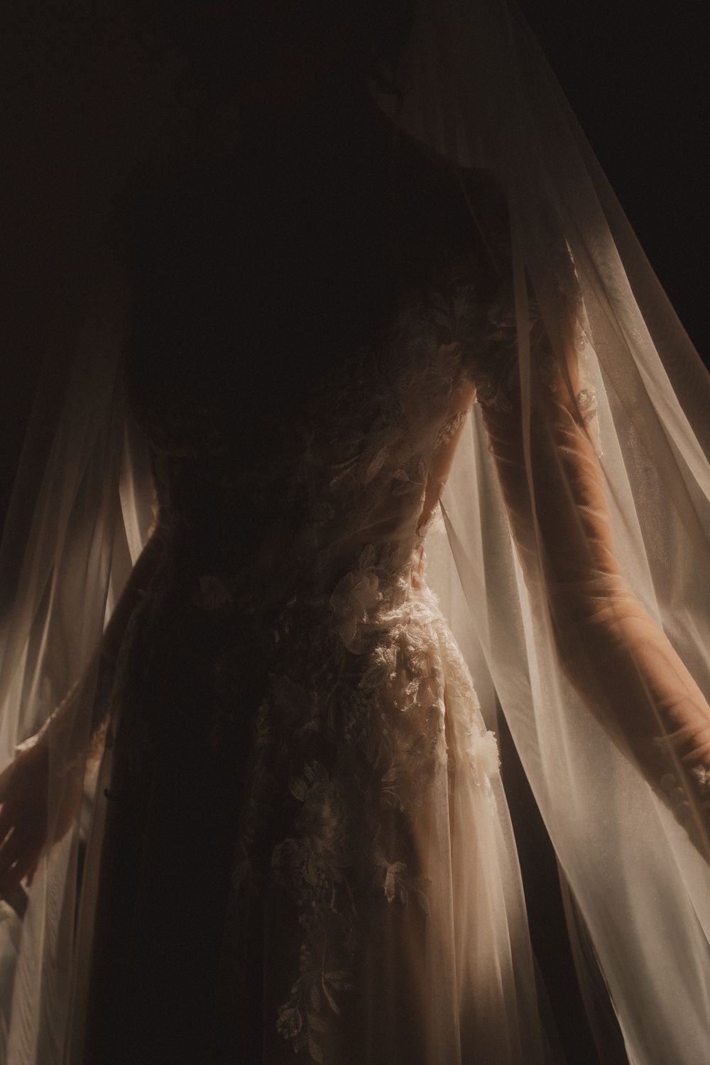 A bride in a lace wedding gown draped with a sheer veil, captured in dramatic moody lighting.