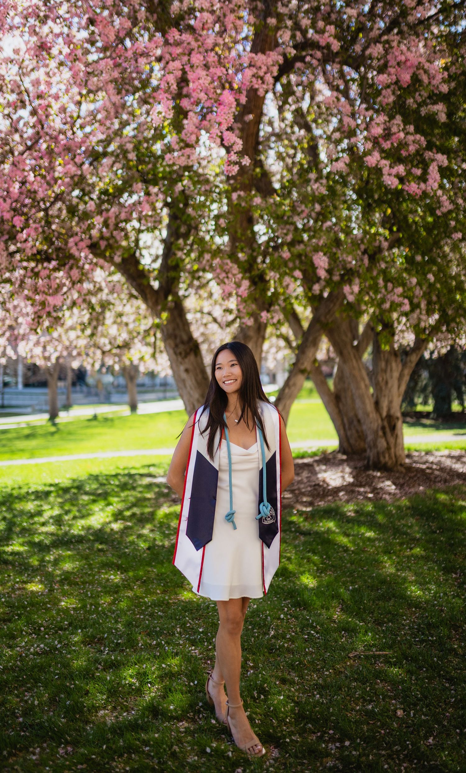 Spring graduation photo under blooming cherry blossoms in a sunny park setting with white dress and formal attire.
