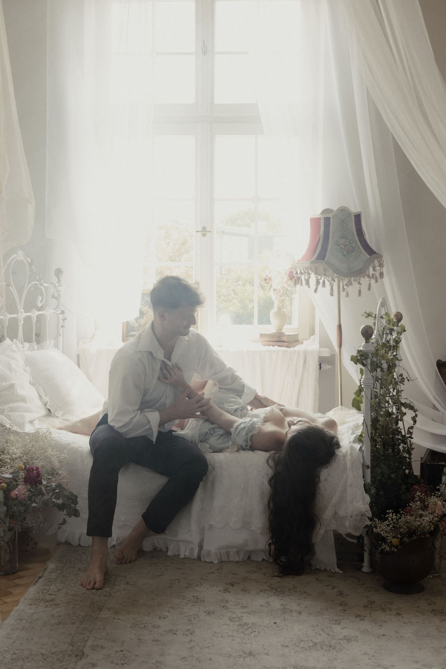 Three dreamy photos show someone lounging by a bright window with white curtains and potted plants creating a peaceful scene.