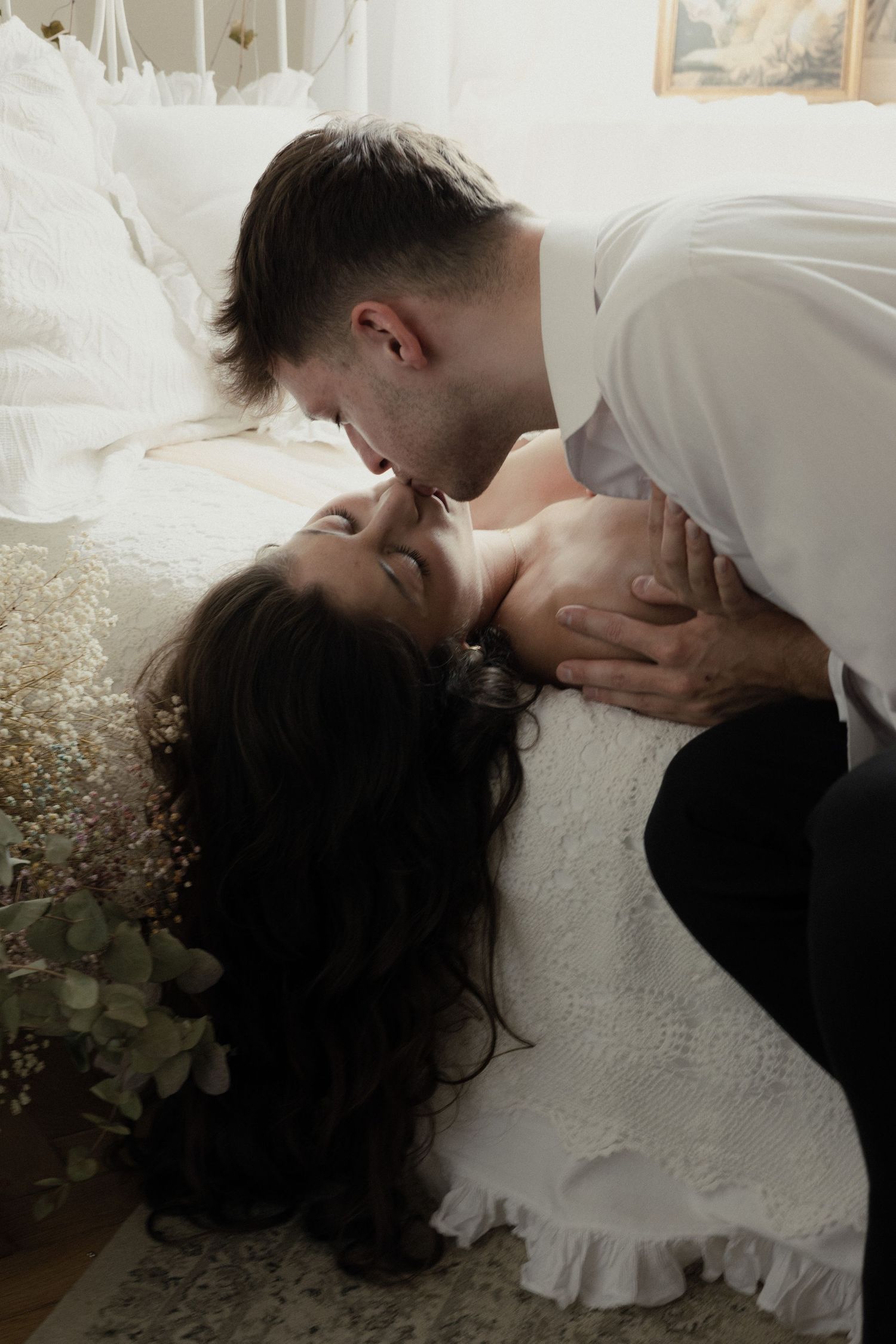 A romantic sequence of wedding photos showing tender moments between a couple in traditional wedding attire.