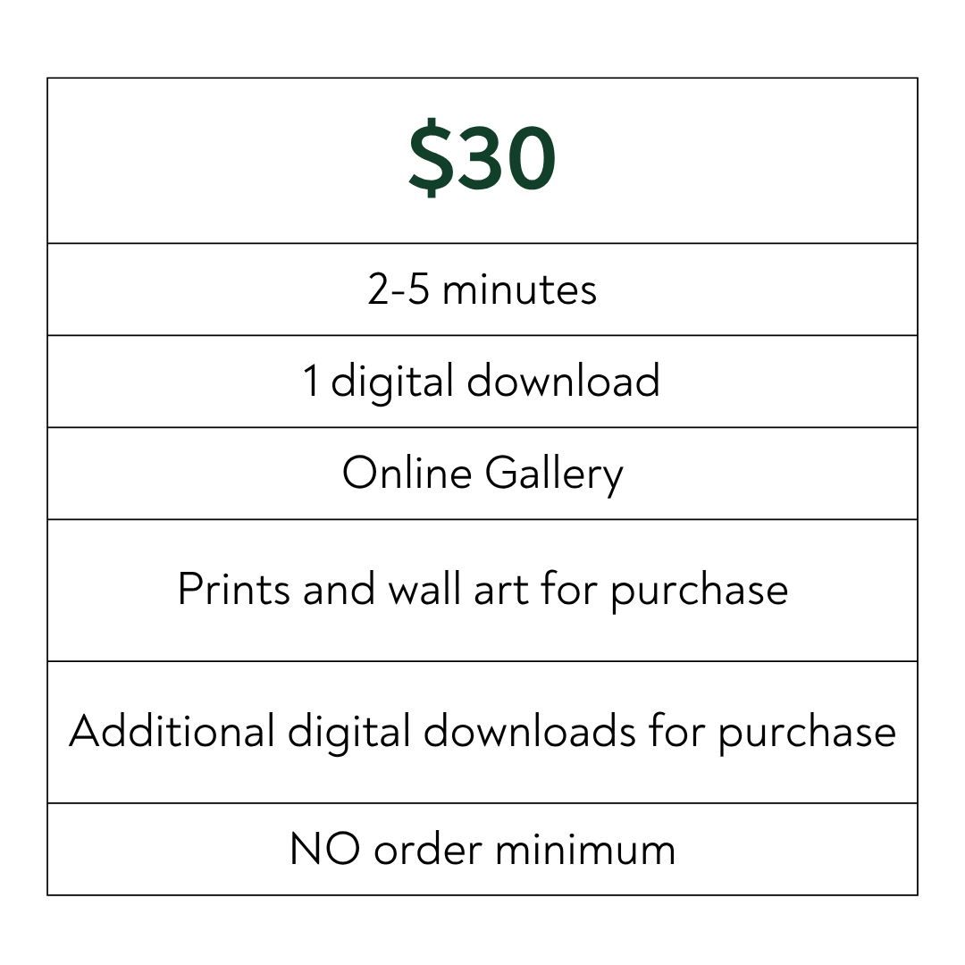 Simple pricing table showing $30 package with digital download, online gallery and print options, no minimum order required.