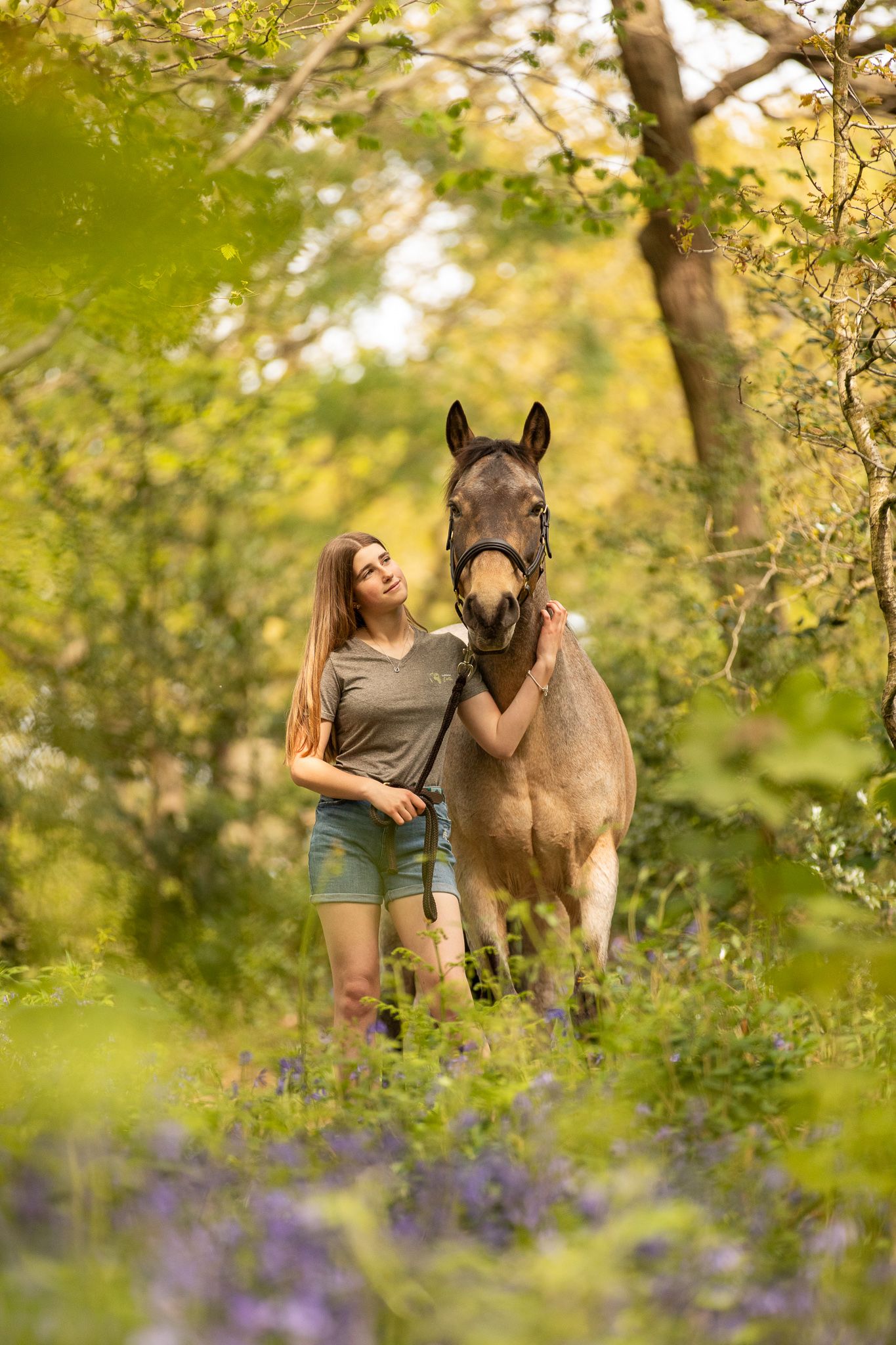 A large cream-colored draft horse and its companion pause together in a sunlit autumn forest.