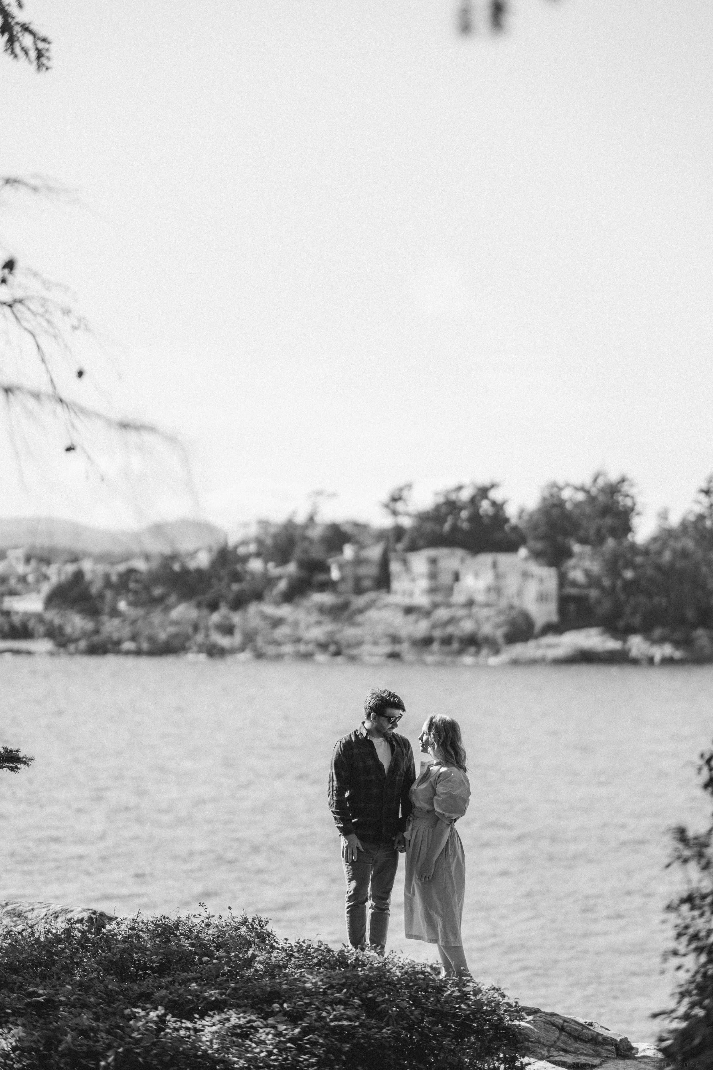 Silhouettes stand together on a scenic overlook with water and buildings in the distance.