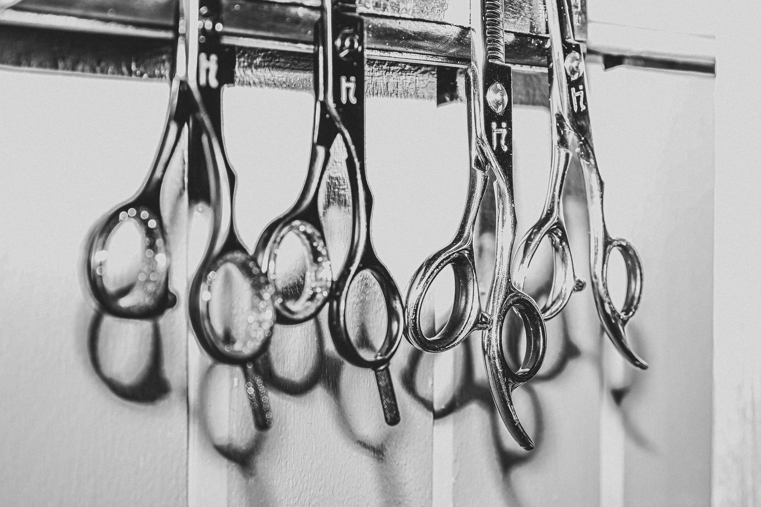 Several professional hairdressing scissors hanging in a row on a rack, shown in black and white photography.