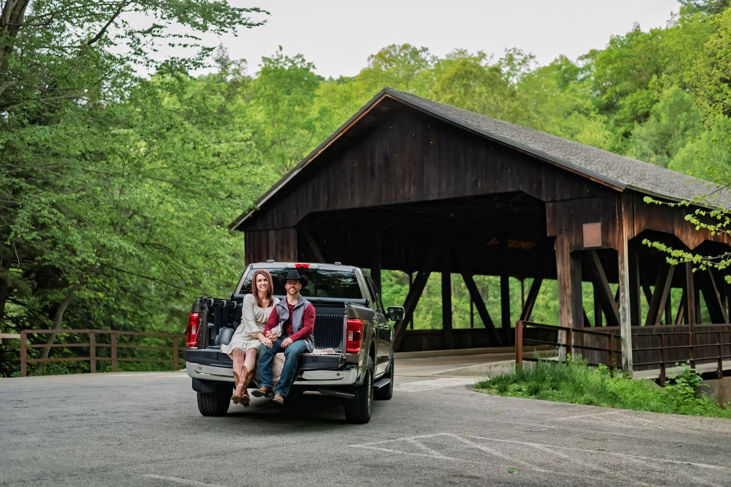 A series of photos showing a pickup truck parked near a rustic wooden shelter.