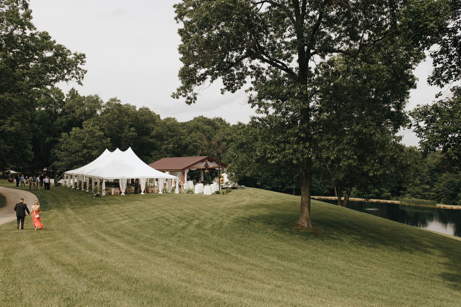 Wide view of backyard reception setup with string lights, long tables, and surrounding greenery.