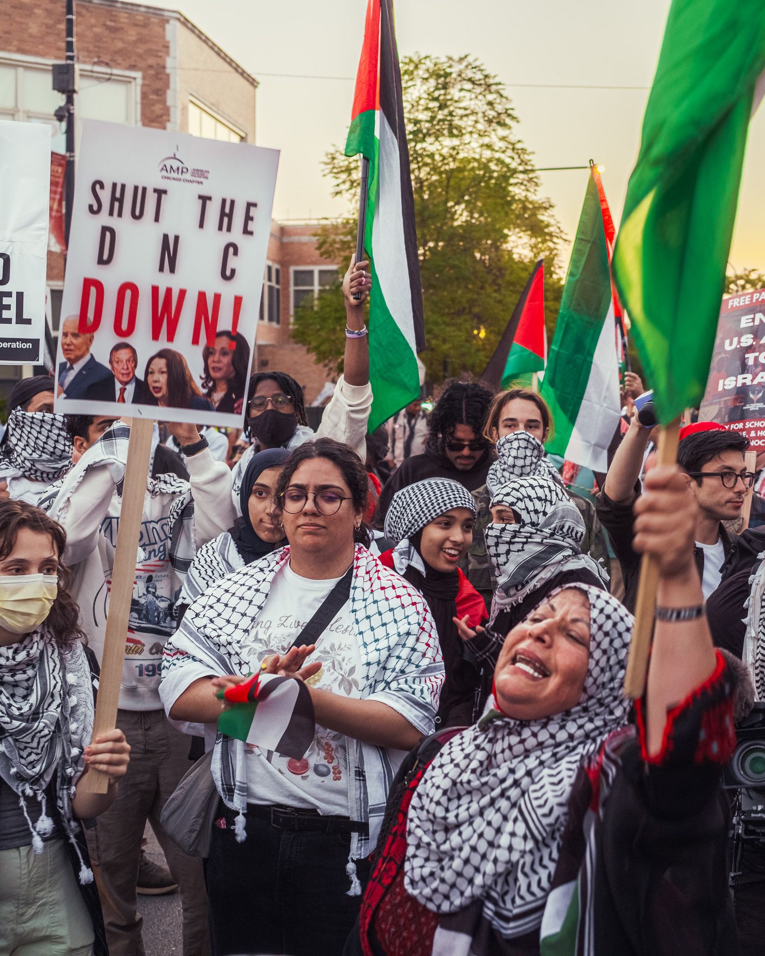 Protesters hold Palestinian flags and signs during outdoor demonstration. Chicago. March on DNC